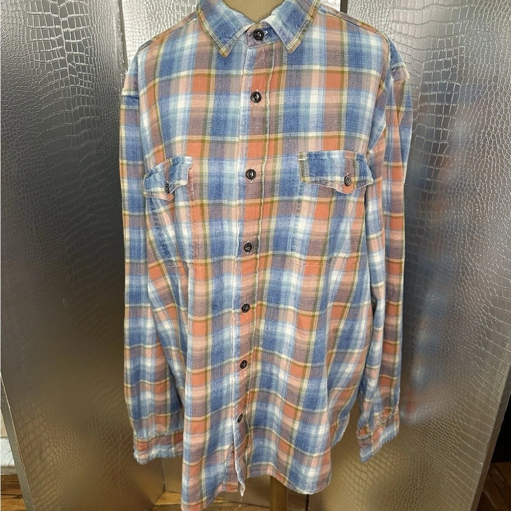 George Plaid Men’s Orange Blue White Long Sleeve Plaid Button Down Shirt